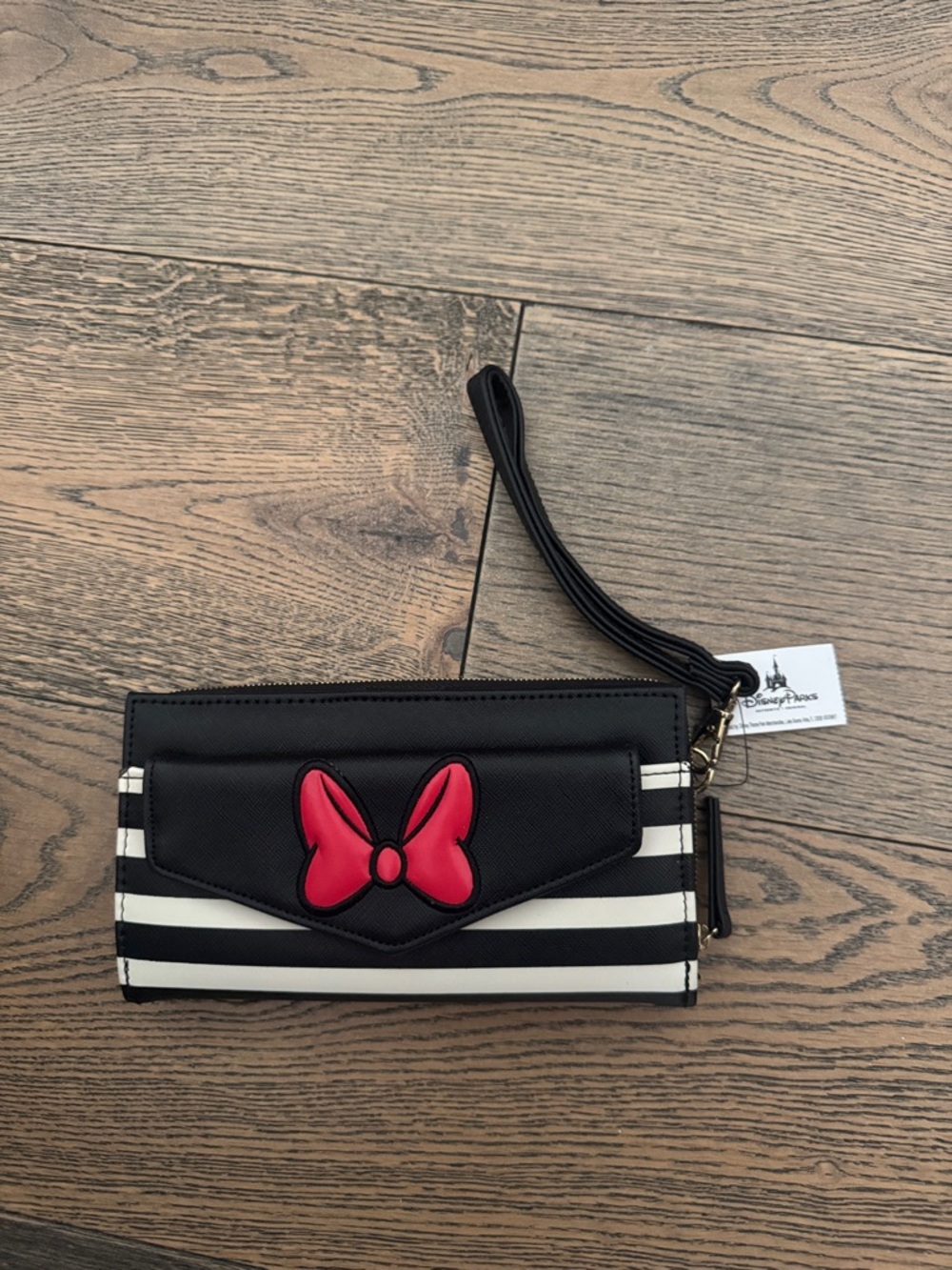 Disney Minnie Mouse Black & White Striped Wristlet Clutch with Red Bow